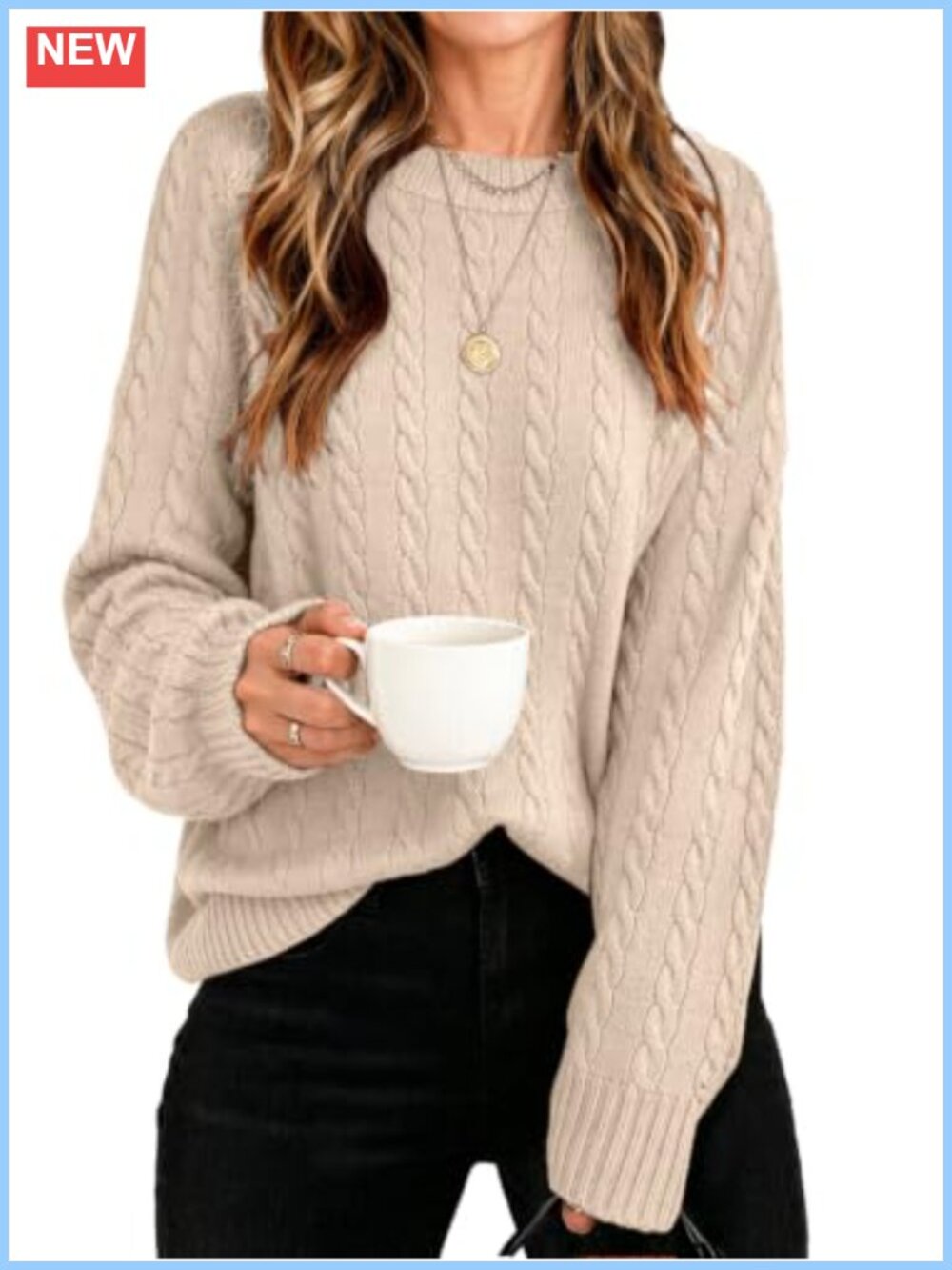 Cable Knit Crewneck Long Sleeve Pullover Sweater Women's Fall Winter Casual